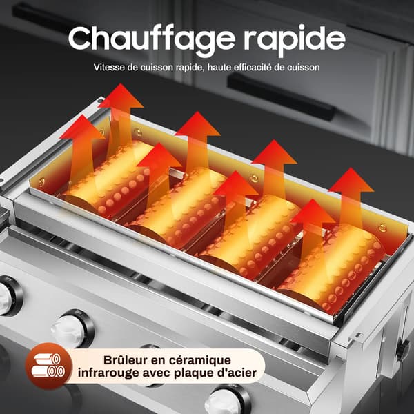 Gas Griddle, 4-Burner, Justerbar Højde,Sølv