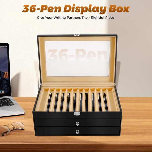 Fountain Pen Display Case, 36 Slots, Luksuriøst Design,sort