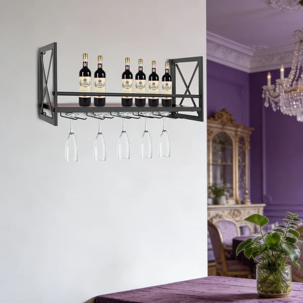 Vægmonteret Vinreol, Rustik Metalholder, Pladsbesparende Design,sort