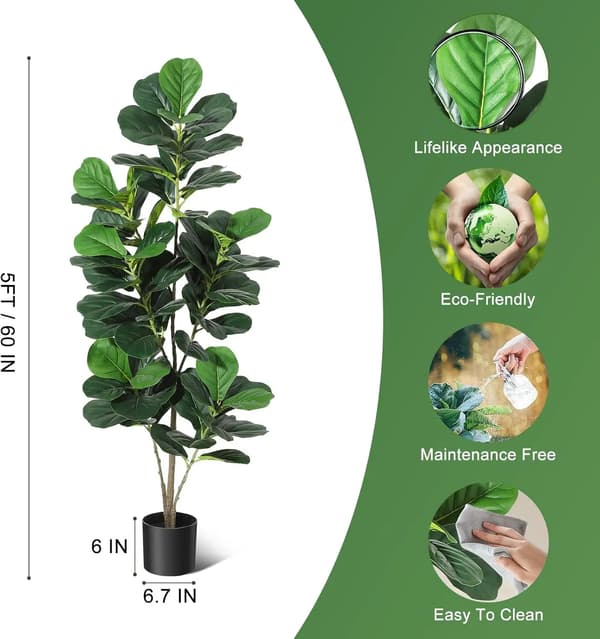 Fiddle Leaf Fig Träd, Realistisk Design, Inomhus- och Utomhusbruk,60IN