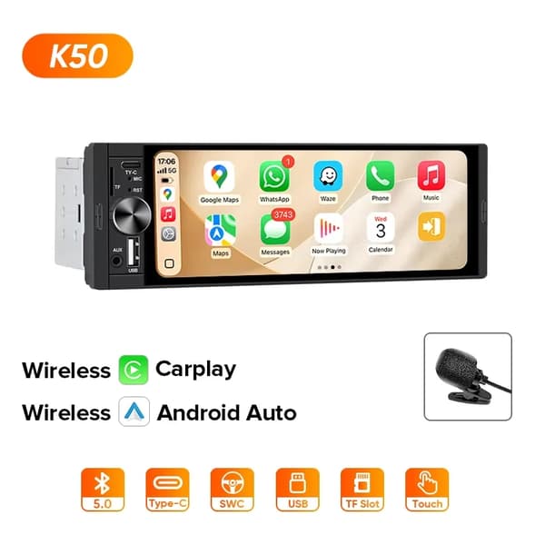 Carplay, Touchskærmsinterface, Bagudsigtskamera,K50 Trådløs Carplay+MIC