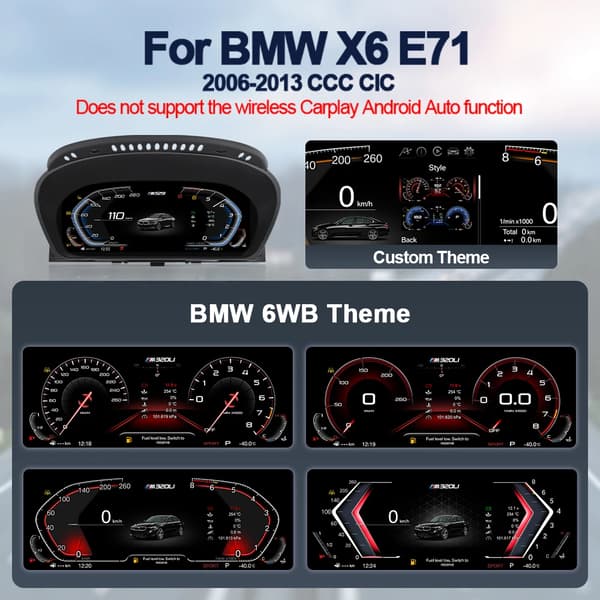 Digital Speedometer Cluster, Kompatibel med BMW X6 E71 2006-2013 CCC CIC, Mobil forbindelse, Adaptiv lysstyrke, E71 standardversion