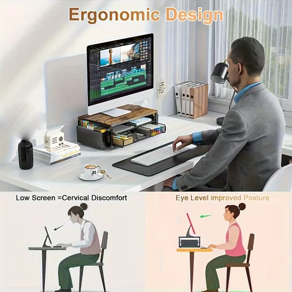 Monitorhæver, Dobbeltlagdesign, Integreret Opbevaring,Brun