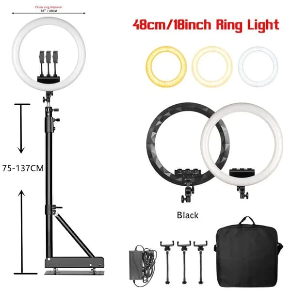 Ring Light, Dæmpbar Lysstyrke, 360° Rotation,135cm Sort