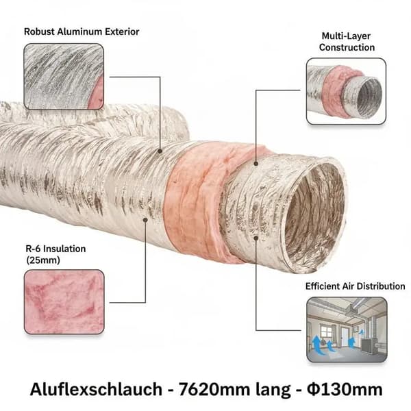 Flexibel Aluminiumslang, Isolerad, 130 mm Diameter, Röd