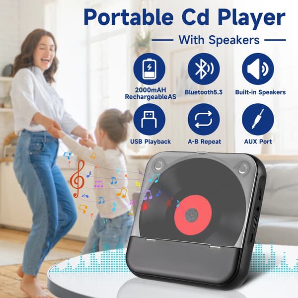 Bærbar CD-afspiller, Bluetooth 5.3, Genopladeligt batteri,Grå