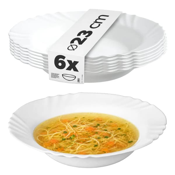 Djupa Middagstallrikar, Set om 6, Hållbart Härdat Glas,VIT