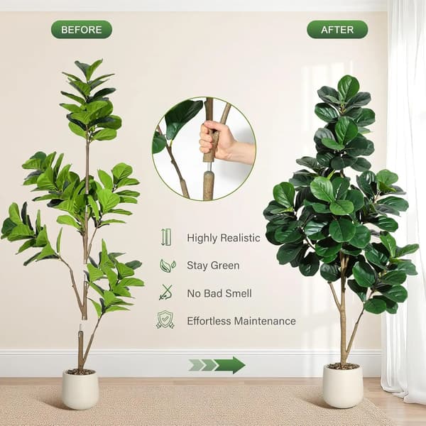 Fiddle Leaf Fig Träd, 6FT Höjd, 108 Löv, 9-tums Kruka, Viktad Cementbas, Hög Densitet PVC