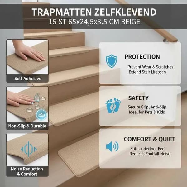 Klæbende Trappe Tæpper, Skridsikker Overflade, Nem Installation,Beige