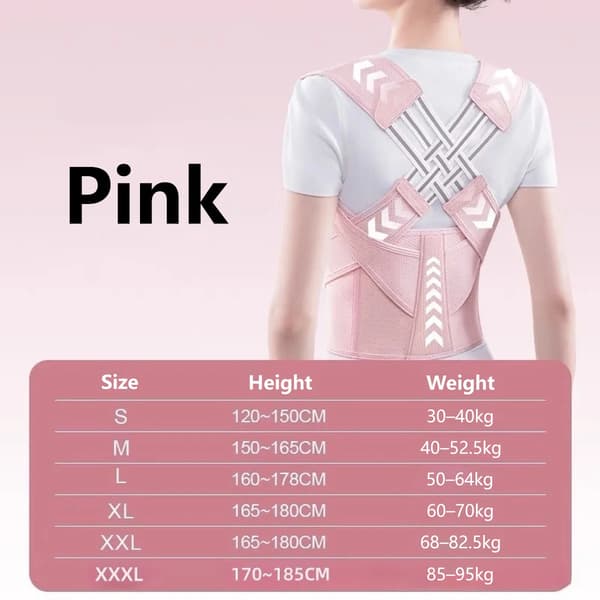 Rygstøtte Holdningskorrigerer, Justerbar Pasform, Smertelindring,M, Pink-a