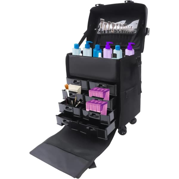 Makeup Case, Bærbar Trolley Organizer, 8 Store Skuffer,sort