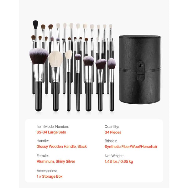 Makeupborstsats, Mångsidiga Tillämpningar, Ergonomisk Design,34 Bitar