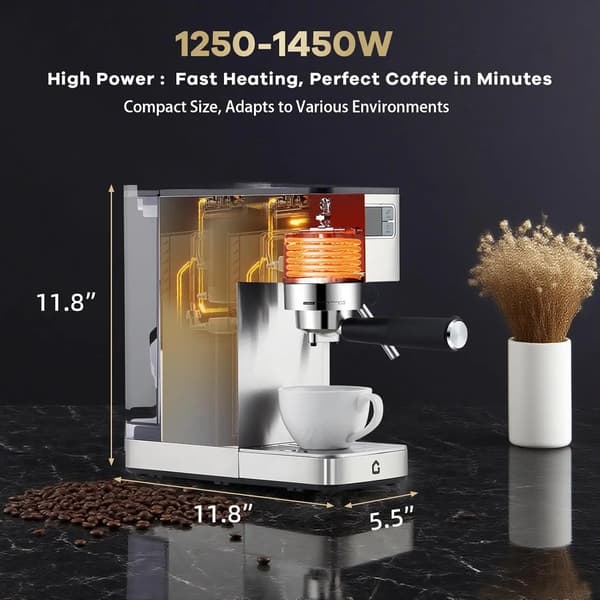 Espressomaskin, 15-bar tryck, justerbar ångstav,Silver