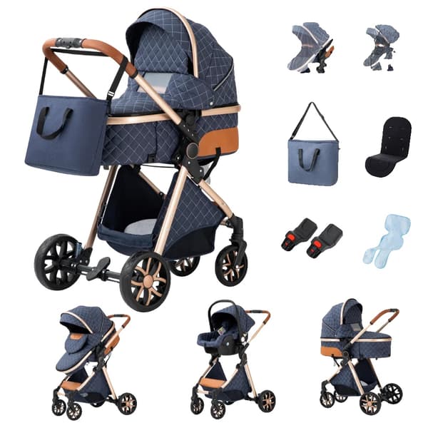Barnvagn, Fällbar Design, Säkerhetsfunktioner Inkluderade,Låg version V9 BLÅ