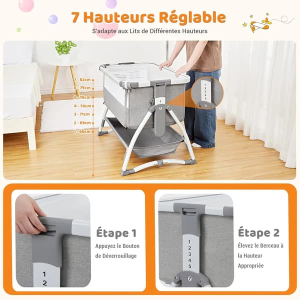 Spjälsäng, Justerbar Höjd, Multifunktionell Design,GRÅ