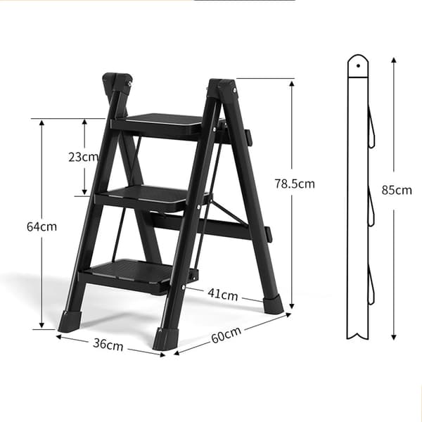 Foldestige, Kulstofstål, 150 kg Belastning,3 Trin-Sort