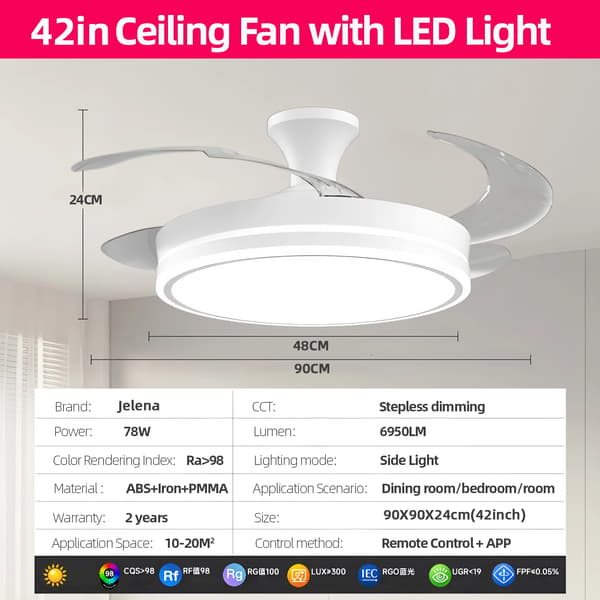 Loftlampe med ventilator, dæmpbar LED, sammenklappelige blade,42inch-A