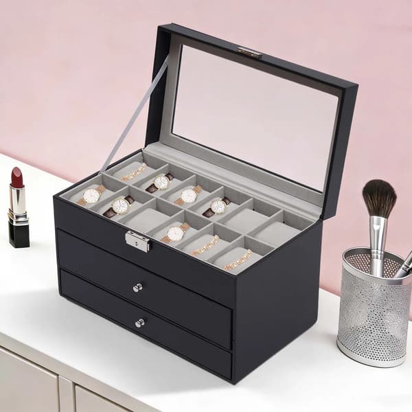 Smykkeskrin, 3-lags Organizer, Fløjl Foring,sort
