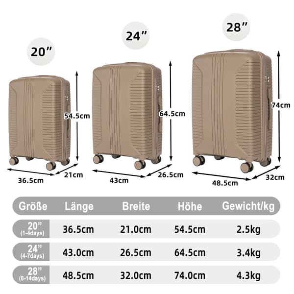 Bagageset, inbyggt lås, hållbart material,Khaki