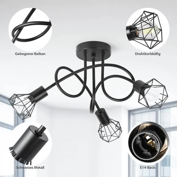 Loftspotlight, 3-Lys Design, E14 Stik Kompatibilitet,sort, Ingen pære