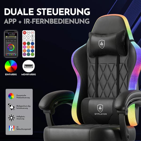 Gamingstol, RGB LED-belysning, Ergonomisk design,SORT