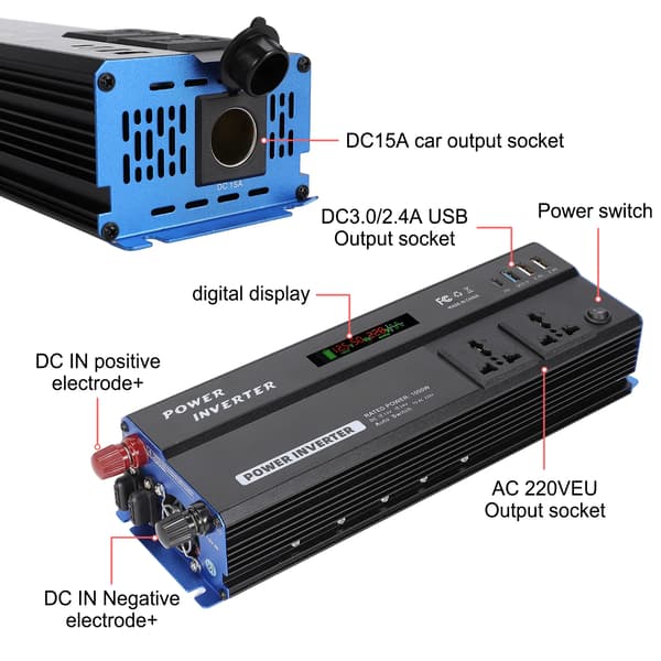 Strømconverter, 3 USB-porte, kompakt design,4000W