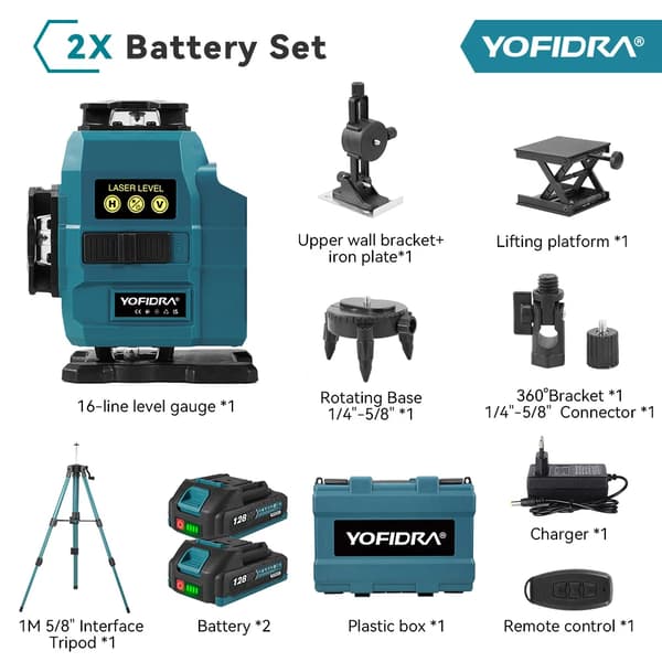 Lasernivå, 16 Linjers Laser, Fjärrkontrollfunktion, 2xBatterisats