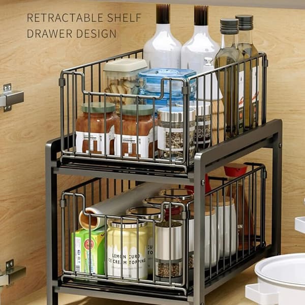 Under Sink Organizer, 2-lags Design, Utrækkelige Skuffer,sort