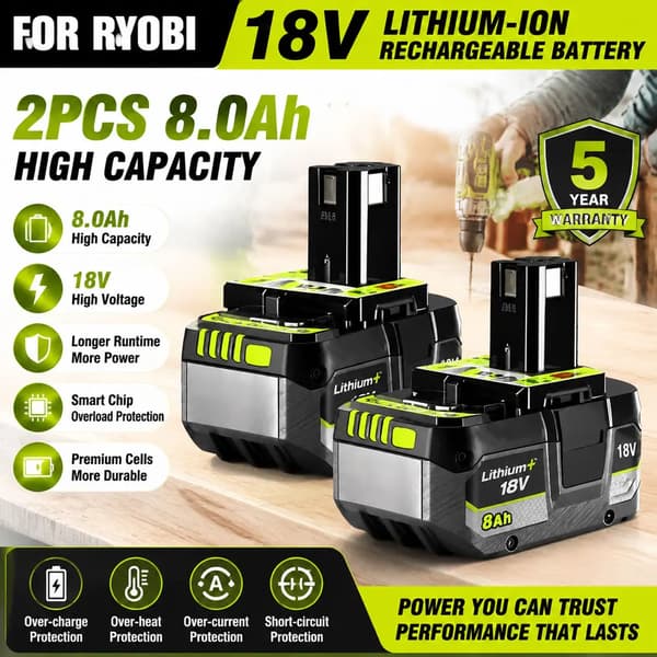 Litiumjonbatteri, 18V, 8000mAh kapacitet,2PCS 8.0AH Batteri