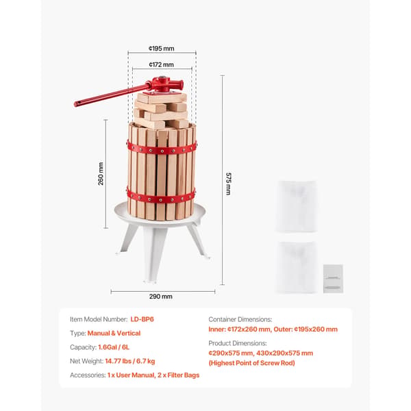 Fruktvinpress, Naturlig Bokträskonstruktion, Effektiv Saftutvinning,6L