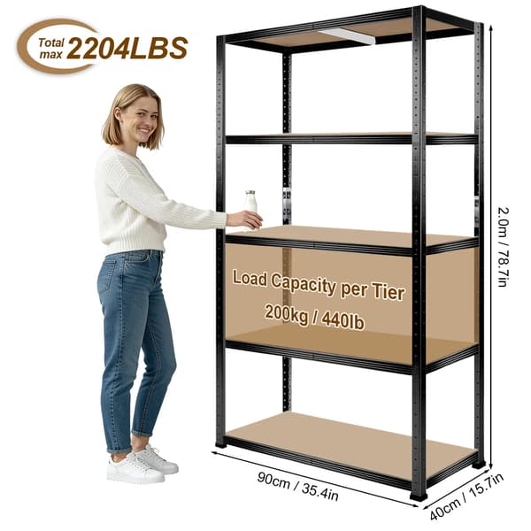 Reolsystem, 5-lags design, 1000 kg kapacitet,2.0m sort 90x40cm