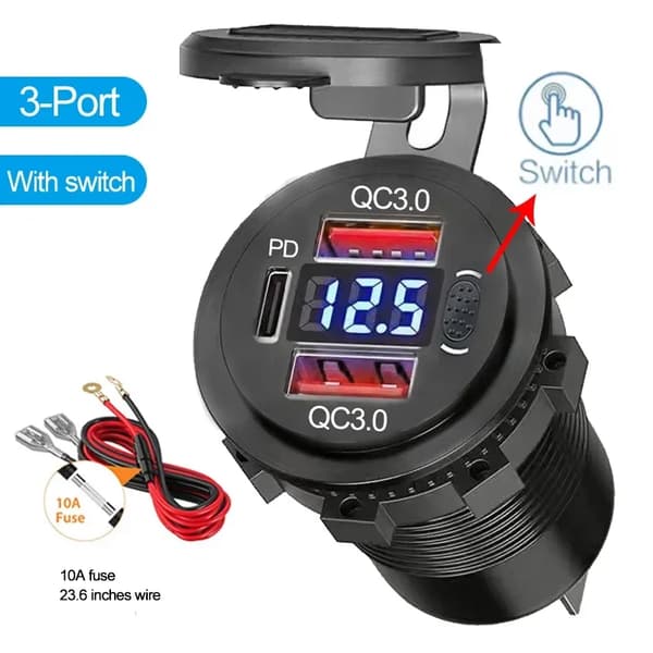 USB biloplader, dual PD QC3.0, voltmeter display,3 porte med ledning