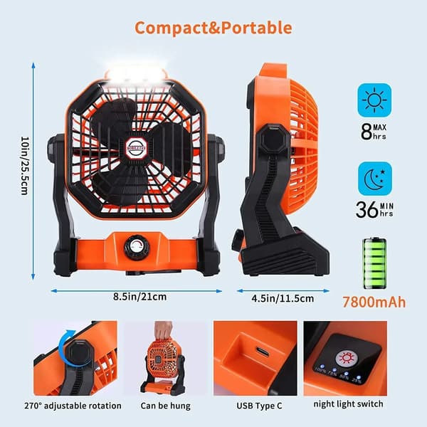 Campingfläkt, uppladdningsbart batteri, justerbart LED-ljus,Orange