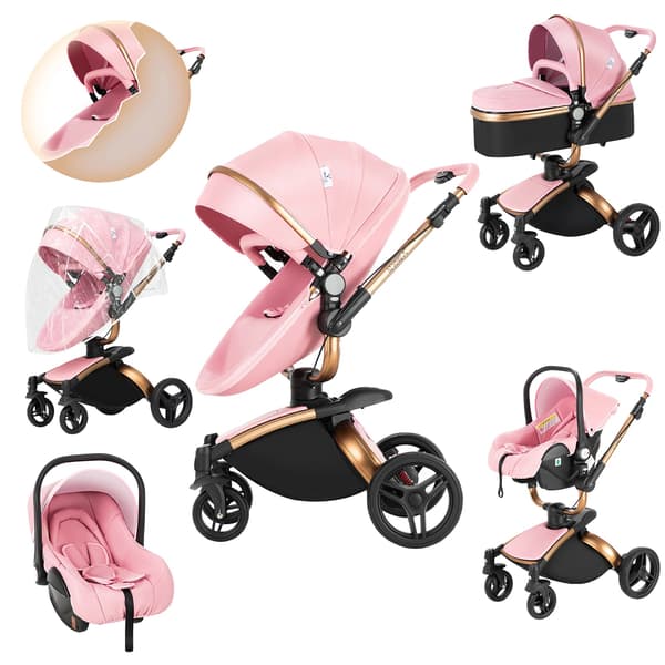 Barnvagn, 3-i-1 Mångsidig Design, 360° Rotationssäte,Rosa