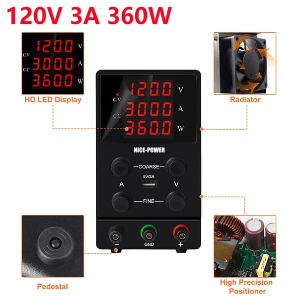 Strömförsörjning, Justerbar Spänning, Hög Effektivitet,120V 3A