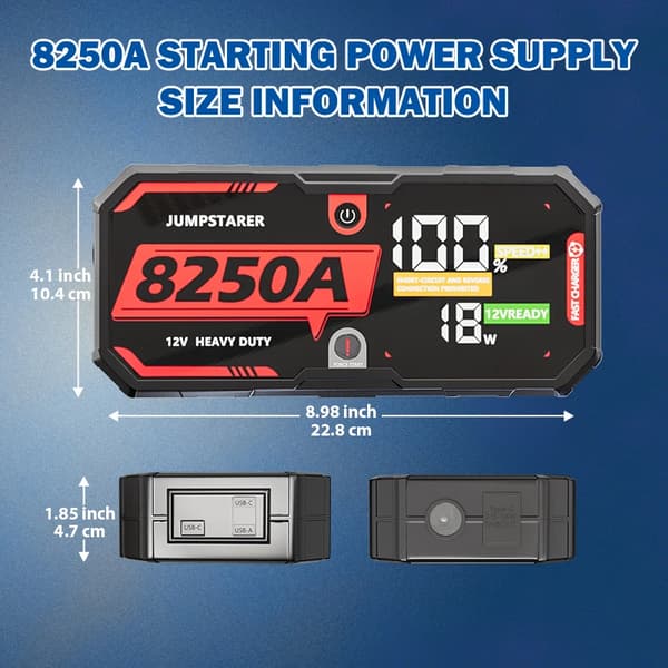 Jump Starter, Kompakt Design, Multifunktionel Opladning,8250A