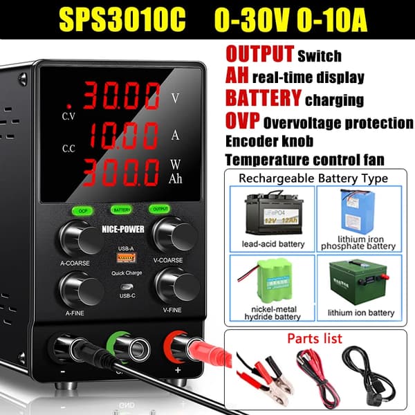 DC-strömförsörjning, Realtids Ah-display, Säkerhetsfunktioner,SPS3010C 30V10A