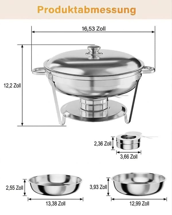 Chafing Dish Sæt, Rustfrit Stål, 4.7L Kapacitet,Fire-delt sæt