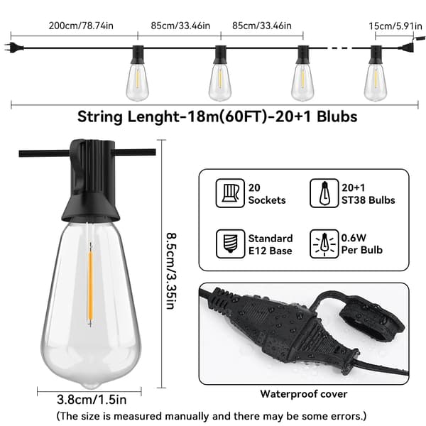 Utomhus Ljuslina, Bristfria Glödlampor, Varm Vit Belysning,EU Plug-c, 60FT 18M 20LED