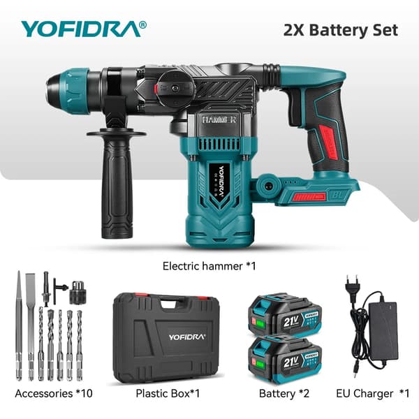 Slagborr, Borstlös Motor, Rotationshammare, 2xBatteri Set-10st