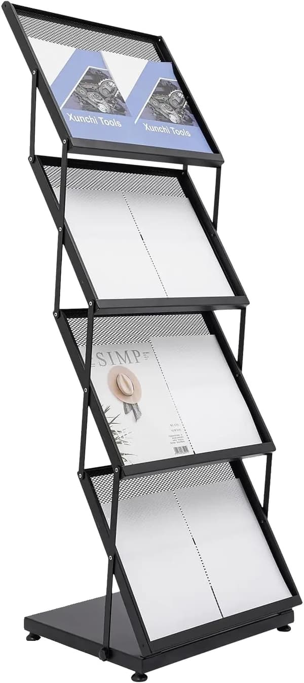 Brochure Display Stand, 4 niveauer, bærbar og foldbar,sort