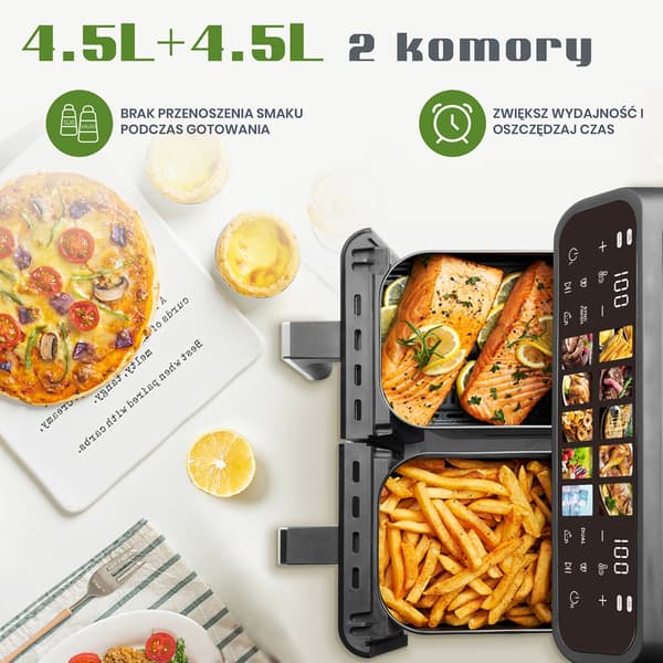Air Fryer, 9L kapacitet, 2000W effekt, temperaturinterval 80-200°C, LED touch panel, 10 madlavningsprogrammer