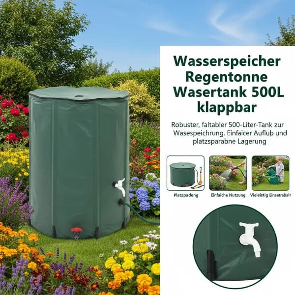 Regnvatteninsamlingstank, 500L kapacitet, Fällbar design,armégrön