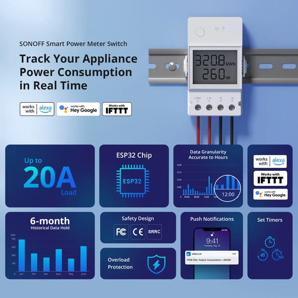 Smart Power Meter Switch, Realtidsmonitorering, Energi Management,POWR320D