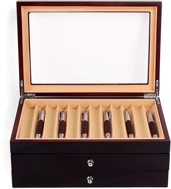 Pen Organizer, Træ Display Case, Tre Lags Opbevaring,sort