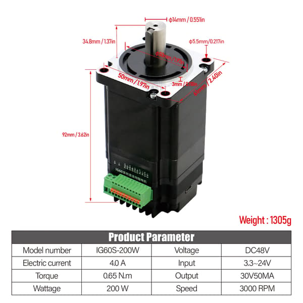 Servomotor, 2-fas, borstlös DC-kontroll,8mm, IG60S-200W