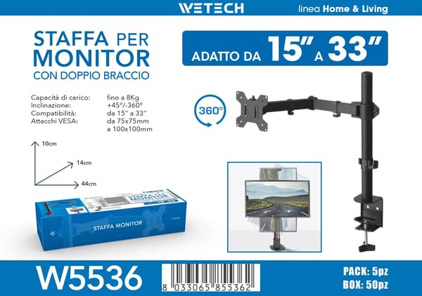 Monitorbordmontering, Dobbelt Justerbar Arm, 360° Rotation,W5536