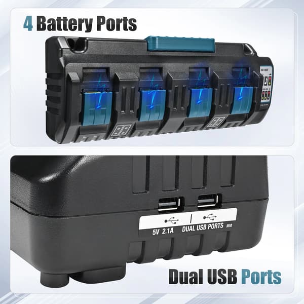 Batterioplader, Fire opladningsporte, Dobbelt USB-porte,sort