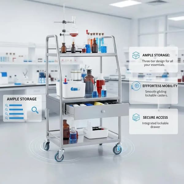 Laboratorie Servicetrolley, Rustfrit Stål, 3-Lags Design,Sølv