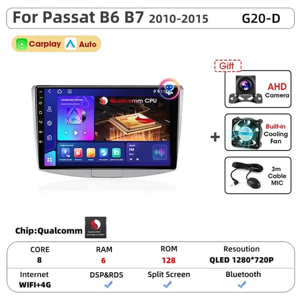 Bil Multimedia Afspiller, Touchscreen Interface, Navigationssystem, Kompatibel med Passat B6 B7 CC 2010-2015,G20-D-MIC-CAM